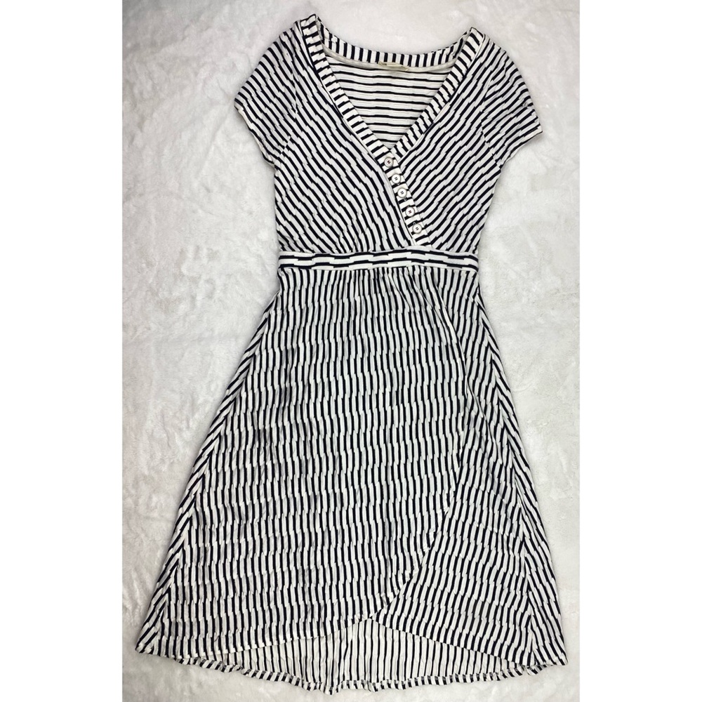 Maeve by Anthropologie Dress Size Small Midi Faux Wrap Textured Stripes Black